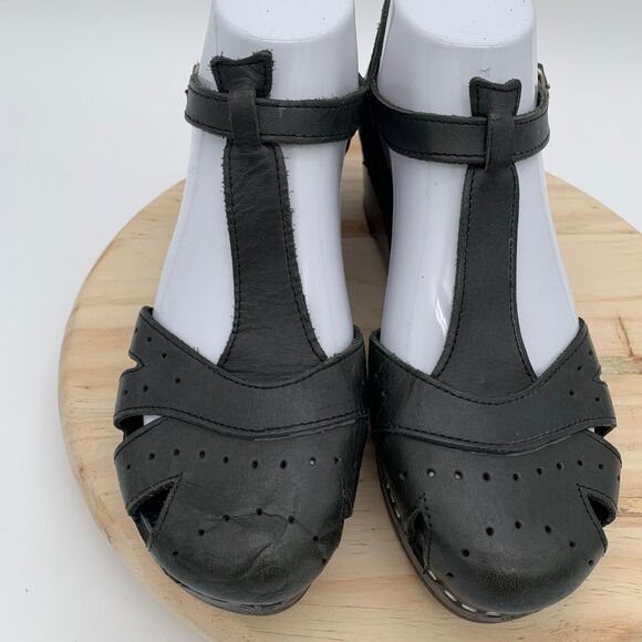 Swedish Hasbeens Toffel Clogs Women 37 US 7 Low Heel Leather Wood Sandals Black - Picture 8 of 8